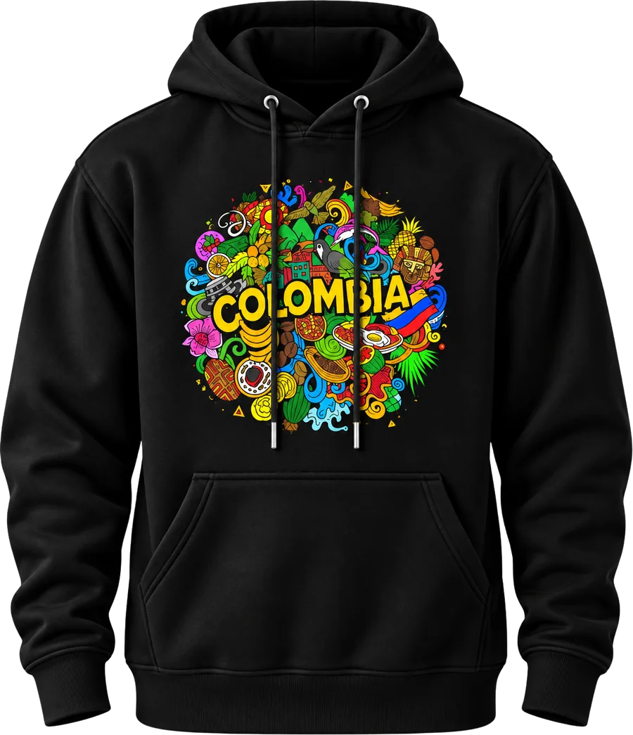 Buzo negro con capota y estampado Colombia lleno de ilustraciones de colores