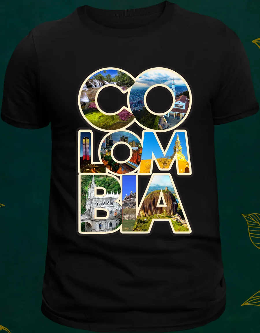 Camiseta negra con la palabra Colombia formada por fotos de paisajes