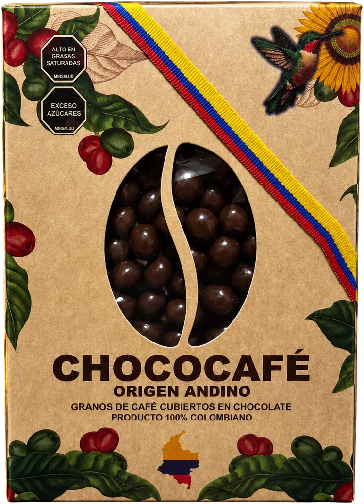 Caja de Chococafé Origen Andino con granos de café cubiertos de chocolate