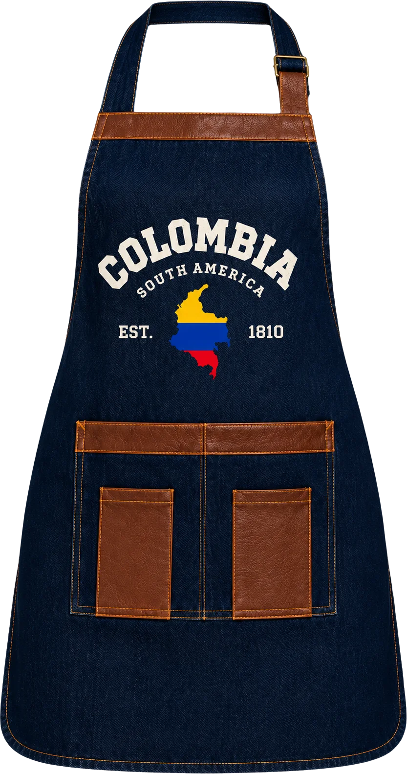 Delantal de jean índigo con estampado Colombia South America y bolsillos de cuero