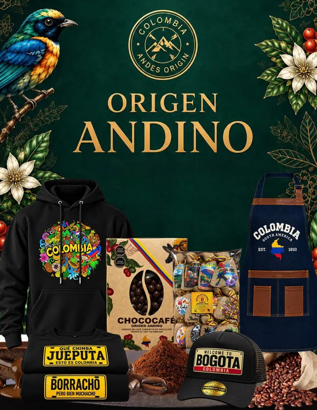 Portada del catálogo Origen Andino: buzo Colombia, caja de Chococafé, bolsa de costalitos, delantal de jean, gorra Welcome to Bogotá y camisetas estampadas